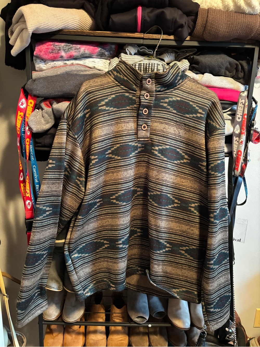 Ariat Men's Brown and Teal Patterned Crewneck Pullover